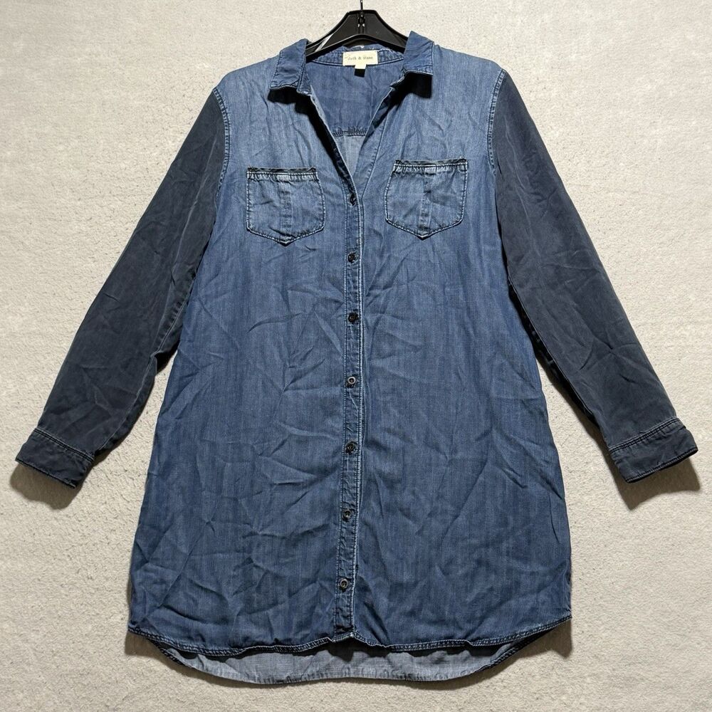 Cloth and Stone Denim Button Up Shirt Dress Large Blue Anthropologie Long Sleev